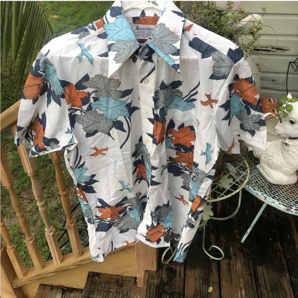 Alexanders Floral Hawaiian Shirt Mens L Button Down Cotton Poly Blue Vintage 70s
